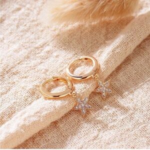 14k Gold Plated Cubic Zirconia Star Hoop Earrings